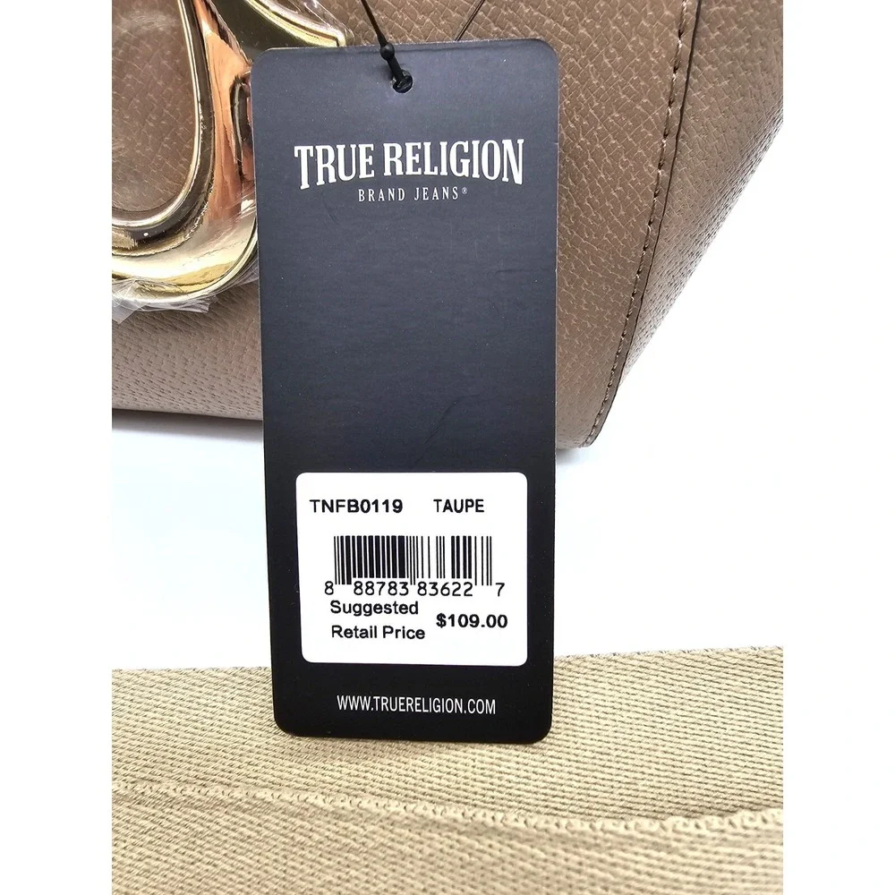 NWT True Religion Taupe Satchel Handbag Crossbody Purse Gold Logo MSRP $109